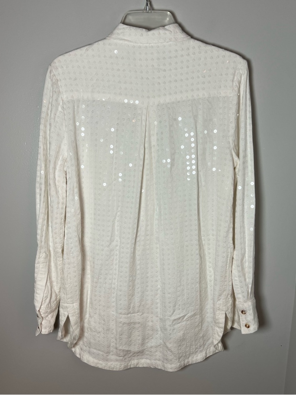 Maeve Anthropologie White Sequin Button Down Shirt Party Bachelorette Sz M - Picture 6 of 7